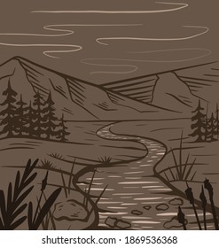 Nature sketch of a meadow with a river, mountains and firs in sepia on brown background. Tranquil peaceful wild landscape. Vector ink scribble element for labels, cards and your creativity