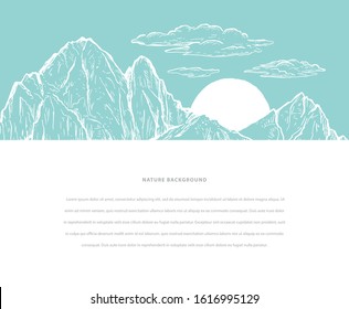 Nature sketch vector hand drawn graphic template with mountains, sun, clouds and space for your text. Sketch design in blue and white colors for flyer, card, invitation, web banners