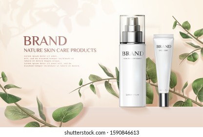 Nature skincare product ads with green leaves in 3d illustration