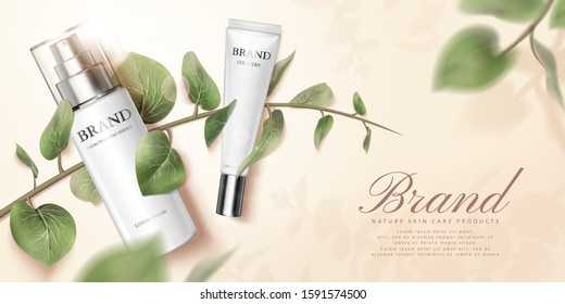 Nature skincare product ads with green leaves in 3d illustration, flat lay style