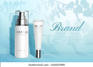 Nature Skincare Products Ad With Spray Bottle And Eye Cream Container On Plant Shadow Blue Background, 3d Illustration