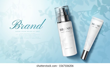 Nature Skincare Products Ad With Spray Bottle And Eye Cream Container On Plant Shadow Blue Background, 3d Illustration Flat Lay