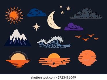 Nature sky elements in hand drawn style for creative design. Perfect for branding, posters, apparel, stickers, UI, and illustration projects.