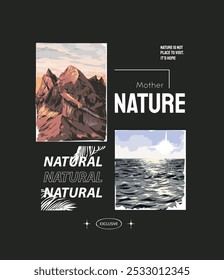 Eslogan de la naturaleza con la montaña y el océano en Ilustración vectorial de marco cuadrado sobre fondo negro