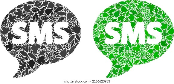 Naturaleza Composición de ícono SMS de hojas de hierbas en tingles de color verde y natural. Concepto de vector de entorno ecológico para icono SMS. La imagen vectorial SMS está formada por elementos vegetales de hierbas.
