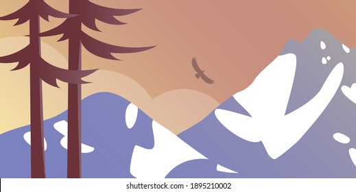 Nature with snowy mountains. Coniferous trees. Beautiful scenic landscape. Vector illustration.