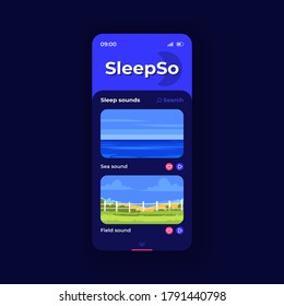 Nature sounds playlist app smartphone interface vector template. Mobile app page night theme design layout. Calming music menu screen. Flat UI for application. Ocean and field on phone display