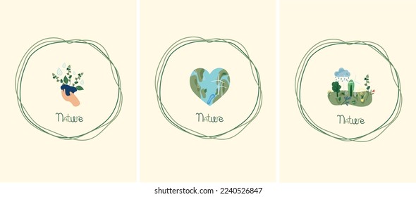 La naturaleza como fuente de energía para el hombre. El concepto de conservación y ecología de la naturaleza. Ilustraciones minimalistas adecuadas para afiches sociales, tarjetas, logotipos, banners. Ilustración del vector