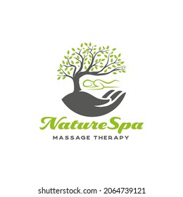 Nature Spa massage therapy logo. tree and hand care spa design template with white background