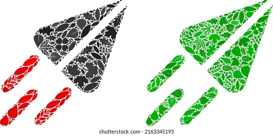 Collage de ícono de barco de la naturaleza de hojas de hierbas en tonos verdes y naturales. Plantilla de vector de entorno ecológico para icono de nave espacial. La imagen vectorial del barco espacial está formada por partes verdes de plantas.