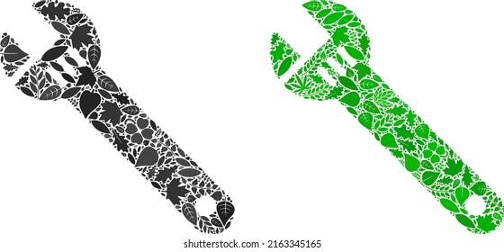 Nature spanner icon collage of herbal leaves in green and natural color shades. Ecological environment vector concept for spanner icon. Spanner vector image is formed of green herbal icons.