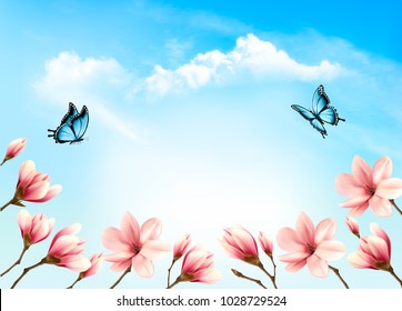 Nature spring background with beautiful magnolia branches on blue sky. Vector.