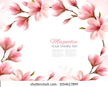 Nature spring background with beautiful magnolia branches. Vector.