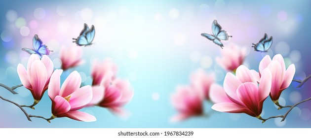 Nature spring background with beautiful magnolia branches on blue sky and butterflies. Vector.