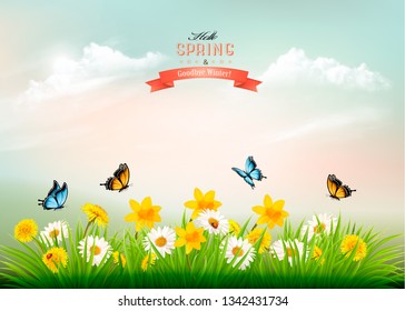 Nature spring background with grass and flowers and butterflies. Vector.
