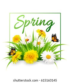 Nature spring background with grass, flowers and butterflies. Vector.