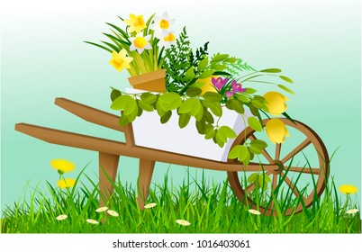 Nature spring background with wheelbarrow and garden plants