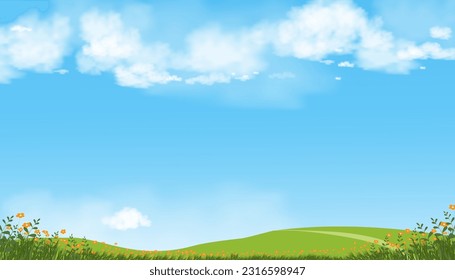 Nature Spring Countryside Landscape,Green Field,Cloud,Summer Sky,Natural Horizon rural scene with green meadow and flower on hills in Sunny day,Banner for Eater, Environment day background