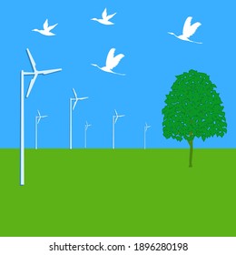 Nature, spring, flying birds, tree, wind generator - illustration, vector. Renewable energy resources.