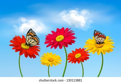 Nature spring gerber flowers with butterflies  Vector illustration.