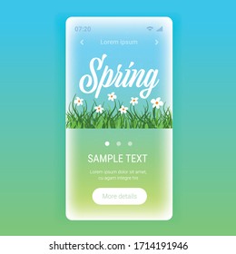 paisaje natural de primavera con césped verde y flores tarjeta de saludo carta de la pantalla de smartphone aplicación vector ilustración de la aplicación móvil