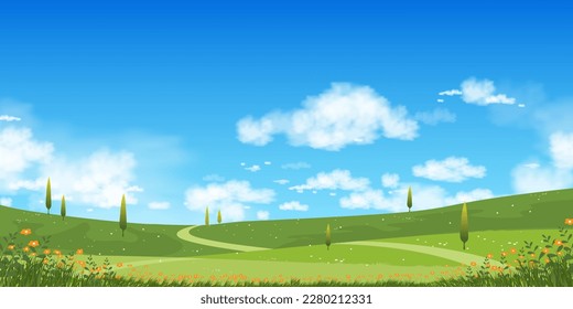 Nature Spring landscape village by the lake with Green Field,Cloud,Blue Sky,Natural rural scene Countryside with forest tree,Mountains in Sunny day Summer,Banner for Eater, Environment day background