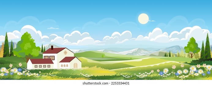 Nature Spring landscape village,Country house,Green Field with Cloud, Blue Sky,Vector horizon Natural rural Countryside with forest tree,Mountains in Sunny day,Cartoon Vector for Spring, Summer banner