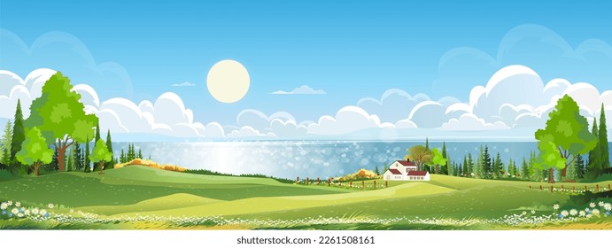 Aldea paisajística de la primavera natural, casa de campo, campo verde con nubes, cielo azul, horizonte vectorial Campo rural natural con árbol forestal, montañas en día soleado, vector de dibujos animados para primavera, cartel de verano