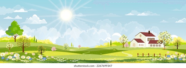 Aldea paisajística de la primavera natural, casa de campo, campo verde con nubes, cielo azul, horizonte vectorial Campo rural natural con árbol forestal, montañas en día soleado, vector de dibujos animados para primavera, cartel de verano