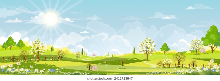 Aldea paisajística de la primavera natural, casa de campo, campo verde con nubes, cielo azul, horizonte vectorial Campo rural natural con árbol forestal, montañas en día soleado, vector de dibujos animados para primavera, cartel de verano