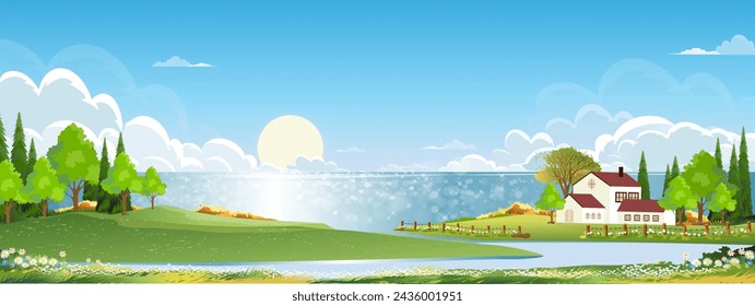 Nature Spring landscape village,Country house,Green Field with Cloud, Blue Sky,Vector horizon Natural rural Countryside with forest tree,Mountains in Sunny day,Cartoon Vector for Spring, Summer banner