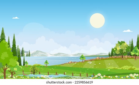 Nature Spring Rural farm landscape with Green Field with Cloud, Blue Sky,Vector horizon Natural rural Countryside with forest tree,Mountains in Sunny day,Cartoon Vector for Easter,Spring,Summer banner