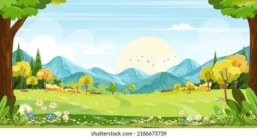 Vista panorámica del pueblo primaveral con pradera verde sobre colinas con cielo azul, caricatura vectorial paisaje primavera o verano, paisaje paisajístico panorámica montañas con campos de flores silvestres