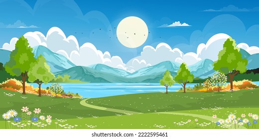 Nature Spring Rural landscape of Green Fields Meadow on Hills with Clouds and Blue Sky,Vector Cartoon Panorama Sunny day Summertime,Panoramic Natural Countryside with Mountains, Wild flowers field