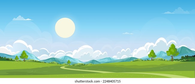 Naturaleza Primavera paisaje rural, Campo verde con nubes y cielo azul,Vector horizonte panorámico Campo natural con árbol forestal y montañas en los días soleados,Vector de dibujos animados para primavera, Bandera de verano 