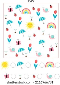Nature in the spring, I spy on a game for kids. Search and counting activities for preschool children with insects, plants, flowers.