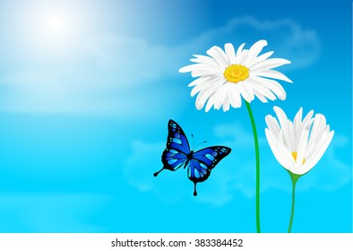 Nature spring or summer background with blue sky, daisy flowers and butterfly - vector illustration
