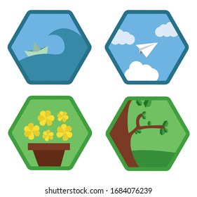 Nature spring summer icons set sea sky green landscape vector