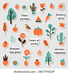 Nature sticker set. Plants, flowers, vegetables, leaves and lettering phrases. Cute floral clip art. Vector illustration.