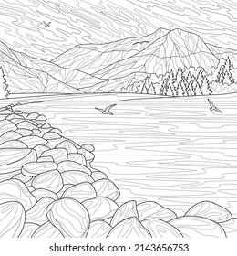  Naturaleza con piedras, lago y montañas. Paisaje.Colorante libro antiestrés para niños y adultos. Ilustración aislada sobre fondo blanco. Estilo zenano-margino. Dibujo manual