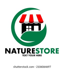 Plantilla de logotipo vectorial de almacén de naturaleza. Este diseño utiliza el símbolo de mart o tienda y hoja. Adecuado para negocios ecológicos