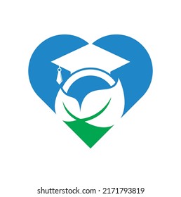 Nature student heart shape concept vector logo template. Leaf with graduation hat logo template vector icon design.