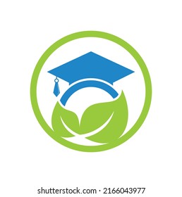 Plantilla de logotipo vectorial del estudiante de naturaleza. Hoja con diseño de icono vectorial de la plantilla de logotipo de sombrero de graduación.