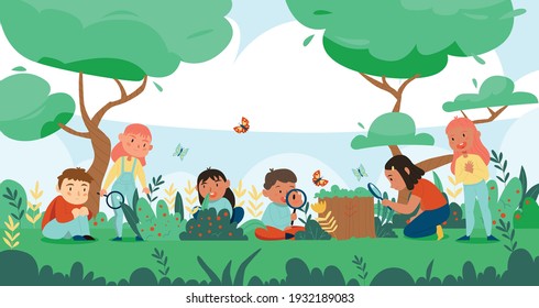 Nature study forest composition with outdoor landscape and group of children human characters discovering wild nature vector illustration