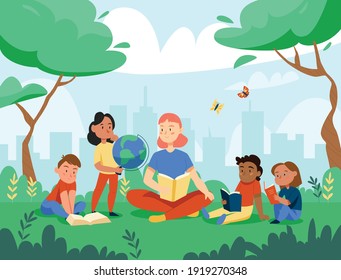 Nature Study Globe Composition With Cityscape Background And Park Scenery With Kids And Teacher Teaching Geography Vector Illustration