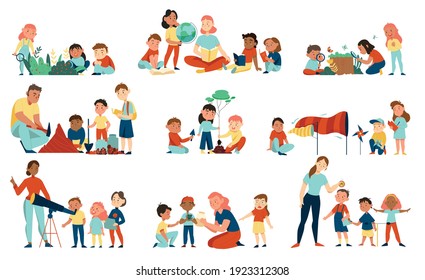 Nature study set of isolated icons with groups of kids with teacher telescope and wind vane vector illustration