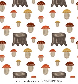 Nature, stump and mushrooms seamless pattern on white background. Line art vector illustration. For wrapping paper, scrap booking and printed matter, wallpaper, greeting cards, textile, fabric.