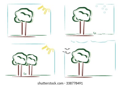Nature stylized illustrations with a tree and the sky. 