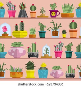 Nature succulent home cactus tropical plant vector illustration seamless pattern
