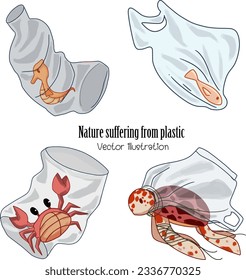 Nature suffers from plastic. transparent background illustration	